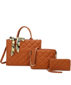 Quilted Scarf 3-in-1 Book Tote Satchel Set DA22550T3 BROWN